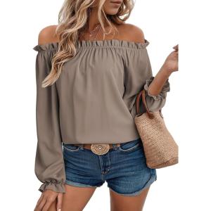 imageEVALESS Country Concert Outfits Off The Shoulder Tops for Women Cute Puff Sleeve T Shirts Womens Fashion Clothing 2025Smoke Gray