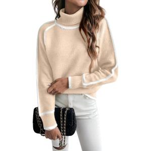 imageEVALESS Fall Sweaters for Women Trendy 2025 Cute Cozy Turtleneck Long Sleeve Colorblock Knitted Pullover TopsBeige