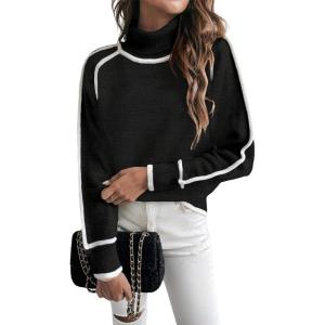 imageEVALESS Fall Sweaters for Women Trendy 2025 Cute Cozy Turtleneck Long Sleeve Colorblock Knitted Pullover TopsBlack