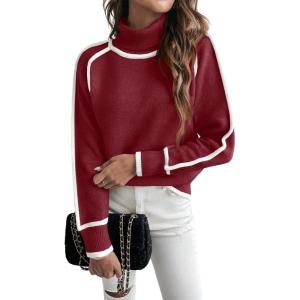 imageEVALESS Fall Sweaters for Women Trendy 2025 Cute Cozy Turtleneck Long Sleeve Colorblock Knitted Pullover TopsBurgundy