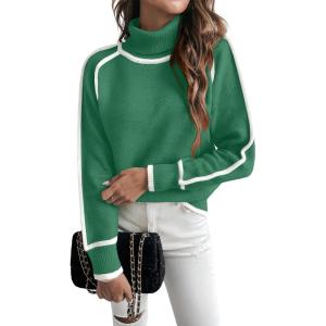 imageEVALESS Fall Sweaters for Women Trendy 2025 Cute Cozy Turtleneck Long Sleeve Colorblock Knitted Pullover TopsDark Green