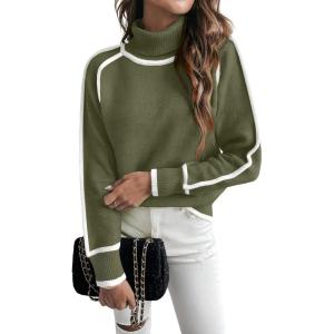 imageEVALESS Fall Sweaters for Women Trendy 2025 Cute Cozy Turtleneck Long Sleeve Colorblock Knitted Pullover TopsJungle Green