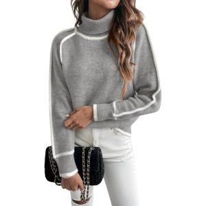 imageEVALESS Fall Sweaters for Women Trendy 2025 Cute Cozy Turtleneck Long Sleeve Colorblock Knitted Pullover TopsLight Grey