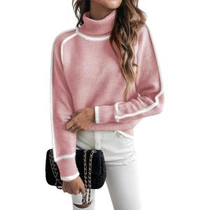 imageEVALESS Fall Sweaters for Women Trendy 2025 Cute Cozy Turtleneck Long Sleeve Colorblock Knitted Pullover TopsPink