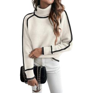 imageEVALESS Fall Sweaters for Women Trendy 2025 Cute Cozy Turtleneck Long Sleeve Colorblock Knitted Pullover TopsWhite