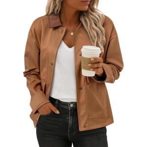imageEVALESS Jackets for Women Fall Fashion 2025 Lightweight Coat Button Down Cropped Shackets With PocketsBrown