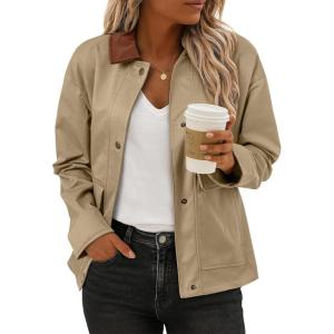 imageEVALESS Jackets for Women Fall Fashion 2025 Lightweight Coat Button Down Cropped Shackets With PocketsKhaki