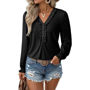 imageEVALESS Long Sleeve Shirts for Women Cute Ruffled V Neck Tops for Women 2025 Basic Blouses Fall Outfits Fashion ClothingBlack