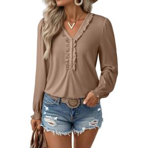 imageEVALESS Long Sleeve Shirts for Women Cute Ruffled V Neck Tops for Women 2025 Basic Blouses Fall Outfits Fashion ClothingKhaki