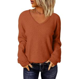 imageEVALESS Long Sleeve Sweaters for Women Fashion V Neck Waffle Knit Sweater Tops Fall 2024 Outfits Loose Jumper Pullover1b Orange