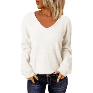 imageEVALESS Long Sleeve Sweaters for Women Fashion V Neck Waffle Knit Sweater Tops Fall 2024 Outfits Loose Jumper PulloverB White