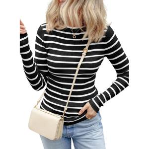 imageEVALESS Striped Sweater for Women Fall Trendy 2024 Crewneck Ribbed Knit Pullover Clothes Long Sleeve Basic Sweaters TopsBlack