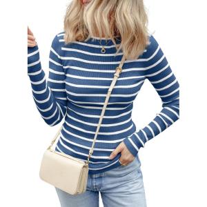 imageEVALESS Striped Sweater for Women Fall Trendy 2024 Crewneck Ribbed Knit Pullover Clothes Long Sleeve Basic Sweaters TopsBlue