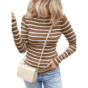 imageEVALESS Striped Sweater for Women Fall Trendy 2024 Crewneck Ribbed Knit Pullover Clothes Long Sleeve Basic Sweaters TopsBrown