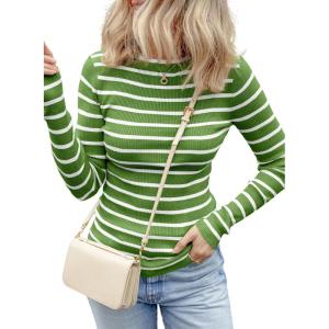 imageEVALESS Striped Sweater for Women Fall Trendy 2024 Crewneck Ribbed Knit Pullover Clothes Long Sleeve Basic Sweaters TopsGreen
