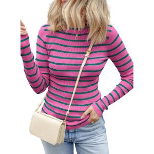 imageEVALESS Striped Sweater for Women Fall Trendy 2024 Crewneck Ribbed Knit Pullover Clothes Long Sleeve Basic Sweaters TopsPink