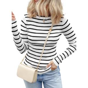 imageEVALESS Striped Sweater for Women Fall Trendy 2024 Crewneck Ribbed Knit Pullover Clothes Long Sleeve Basic Sweaters TopsWhite