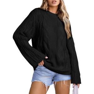 imageEVALESS Sweaters for Women 2024 Trendy Casual Crewneck Long Sleeve Cable Knit Pullover Sweaters Tops Fall ClothesBlack