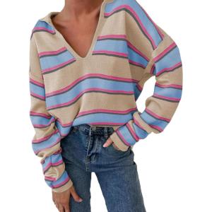 imageEVALESS Sweaters for Women Long Sleeve V Neck Striped Knit Drop Shoulder Fall Jumper 2025 Henley PulloverApricot Stripe