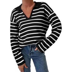 imageEVALESS Sweaters for Women Long Sleeve V Neck Striped Knit Drop Shoulder Fall Jumper 2025 Henley PulloverBlack Stripe