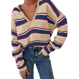 imageEVALESS Sweaters for Women Long Sleeve V Neck Striped Knit Drop Shoulder Fall Jumper 2025 Henley PulloverBlue Stripe