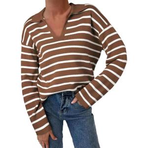 imageEVALESS Sweaters for Women Long Sleeve V Neck Striped Knit Drop Shoulder Fall Jumper 2025 Henley PulloverBrown Stripe