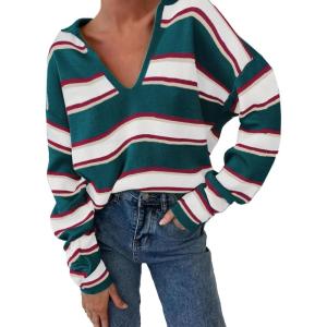 imageEVALESS Sweaters for Women Long Sleeve V Neck Striped Knit Drop Shoulder Fall Jumper 2025 Henley PulloverCyan Stripe