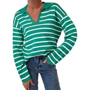 imageEVALESS Sweaters for Women Long Sleeve V Neck Striped Knit Drop Shoulder Fall Jumper 2025 Henley PulloverGreen Stripe