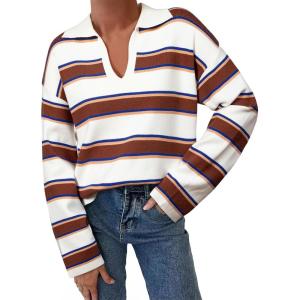 imageEVALESS Sweaters for Women Long Sleeve V Neck Striped Knit Drop Shoulder Fall Jumper 2025 Henley PulloverKhaki Stripe