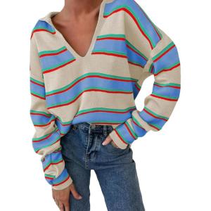 imageEVALESS Sweaters for Women Long Sleeve V Neck Striped Knit Drop Shoulder Fall Jumper 2025 Henley PulloverSky Blue Stripe