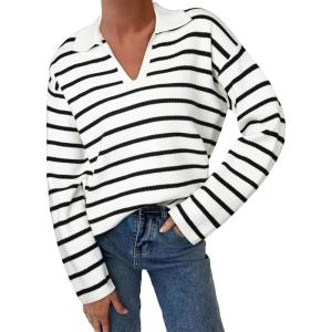 imageEVALESS Sweaters for Women Long Sleeve V Neck Striped Knit Drop Shoulder Fall Jumper 2025 Henley PulloverWhite Stripe