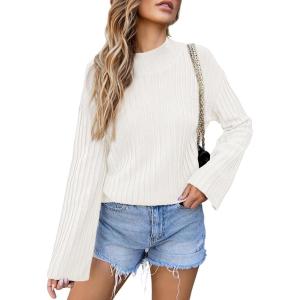imageEVALESS Women Sweater Long Sleeve Mock Neck Oversized Ribbed Knit Pullover Winter Loose Fit Pleated Sweaters Tops S2XLWhite