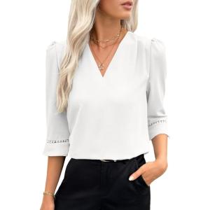 imageEVALESS Womens 34 Sleeve Tops Dressy Casual Pleated V Neck Business Work Blouses Office Shirts0white