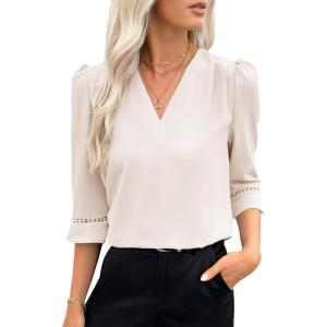 imageEVALESS Womens 34 Sleeve Tops Dressy Casual Pleated V Neck Business Work Blouses Office ShirtsBeige