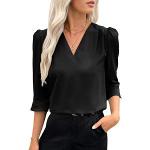 imageEVALESS Womens 34 Sleeve Tops Dressy Casual Pleated V Neck Business Work Blouses Office ShirtsBlack