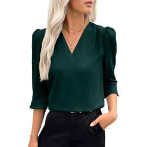 imageEVALESS Womens 34 Sleeve Tops Dressy Casual Pleated V Neck Business Work Blouses Office ShirtsBlackish Green