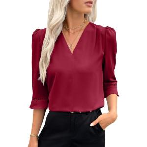 imageEVALESS Womens 34 Sleeve Tops Dressy Casual Pleated V Neck Business Work Blouses Office ShirtsRed Dahlia