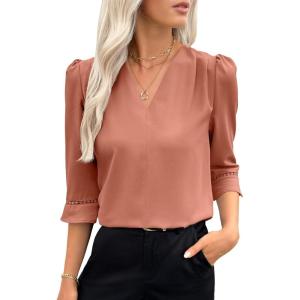 imageEVALESS Womens 34 Sleeve Tops Dressy Casual Pleated V Neck Business Work Blouses Office ShirtsTawny