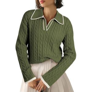 imageEVALESS Womens Cable Long Sleeve Sweaters Tops Color Block Lapel V Neck Knit Casual Soft Pullover ShirtsJungle Green