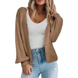 imageEVALESS Womens Cropped Chunky Cardigans Sweaters Trendy Lightweight Long Sleeve Checkered Knit Open Front Button Tops OutfitsBrown