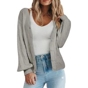 imageEVALESS Womens Cropped Chunky Cardigans Sweaters Trendy Lightweight Long Sleeve Checkered Knit Open Front Button Tops OutfitsGray