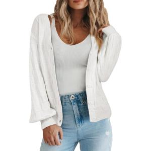 imageEVALESS Womens Cropped Chunky Cardigans Sweaters Trendy Lightweight Long Sleeve Checkered Knit Open Front Button Tops OutfitsWhite