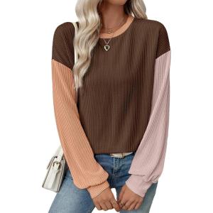 imageEVALESS Womens Long Sleeve Tops Fall Fashion 2025 Crewneck Color Block Ribbed Knit Casual Loose Fit Pullover ShirtsChestnut Brown