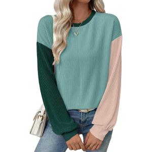 imageEVALESS Womens Long Sleeve Tops Fall Fashion 2025 Crewneck Color Block Ribbed Knit Casual Loose Fit Pullover ShirtsIndigo