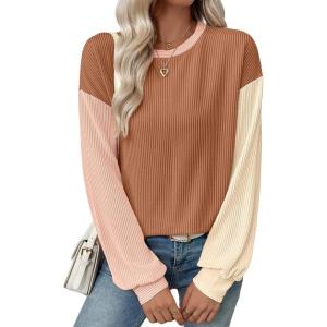 imageEVALESS Womens Long Sleeve Tops Fall Fashion 2025 Crewneck Color Block Ribbed Knit Casual Loose Fit Pullover ShirtsLight Brown