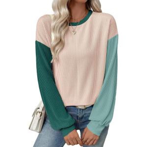 imageEVALESS Womens Long Sleeve Tops Fall Fashion 2025 Crewneck Color Block Ribbed Knit Casual Loose Fit Pullover ShirtsOatmeal