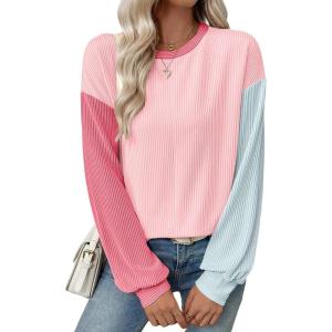 imageEVALESS Womens Long Sleeve Tops Fall Fashion 2025 Crewneck Color Block Ribbed Knit Casual Loose Fit Pullover ShirtsPink