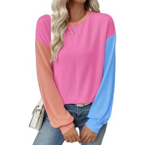 imageEVALESS Womens Long Sleeve Tops Fall Fashion 2025 Crewneck Color Block Ribbed Knit Casual Loose Fit Pullover ShirtsRose Red