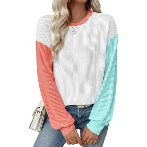 imageEVALESS Womens Long Sleeve Tops Fall Fashion 2025 Crewneck Color Block Ribbed Knit Casual Loose Fit Pullover ShirtsWhite