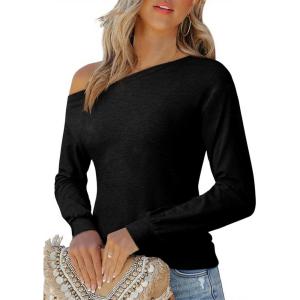 imageEVALESS Womens Off The Shoulder Tops Casual Long Sleeve Asymmetrical Boat Neck Going Out Tops T Shirts Fashion ClothingBlack